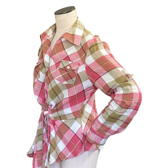 Jones New York Signature Linen Plaid Button Down Shirt Tie Waist Sz L #77M - Picture 4 of 8